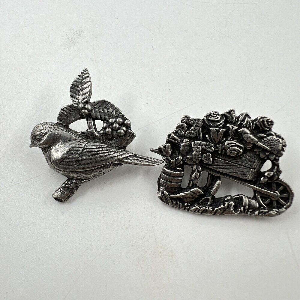 Pewter Brooch Pin Birds & Blooms Flower Wheelbarrow & Small Bird 2001 2002